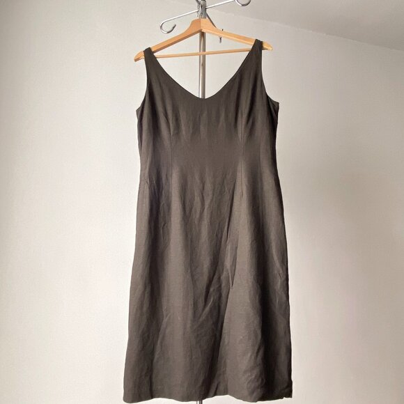 🍂 90s Vintage Moka Brown Sleeveless V-Neck Minimalist Cocktail Midi Dress - Picture 1 of 5